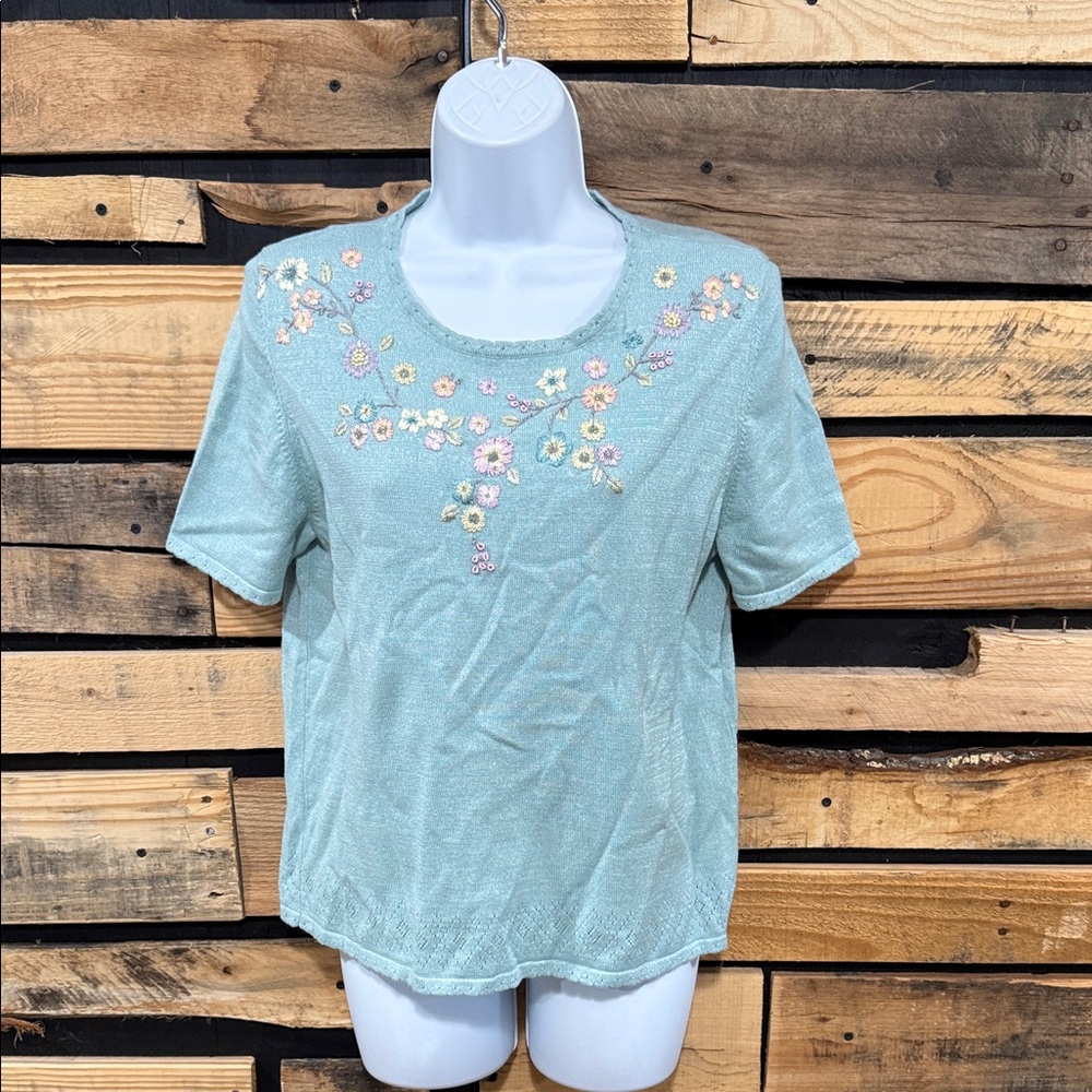 Vintage Y2K Alfred Dunner Floral Embroidered Short‎ Sleeve Sweater Size LP